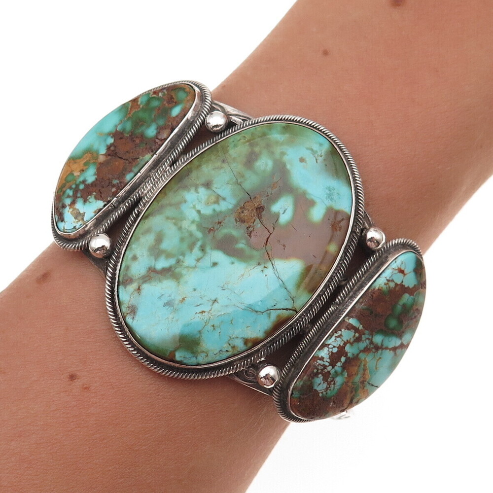 Old Pawn Sterling Silver Vintage Turquoise Heavy 77.0g Adjustable Bracelet 6.75"